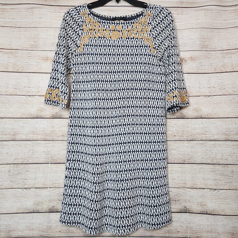 THML Anthropologie XS 3/4 Sleeve Dress Gold Embroidered  Blue Geometric Print